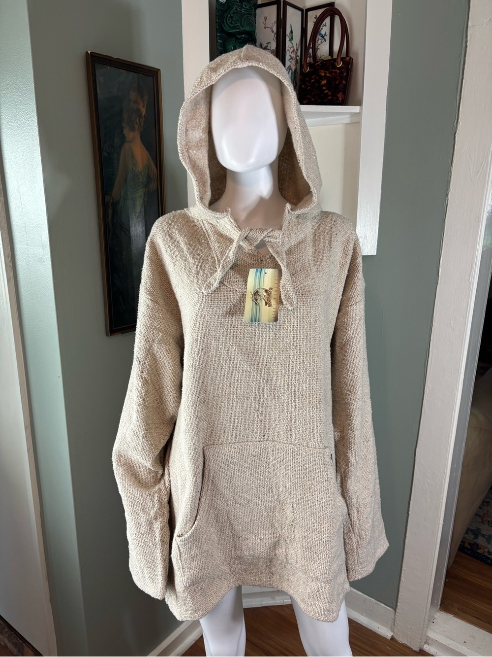 NWT New Baja Billy’s Natural Tan Ecru Woven Surf Hoodie Poncho Sweatshirt XL